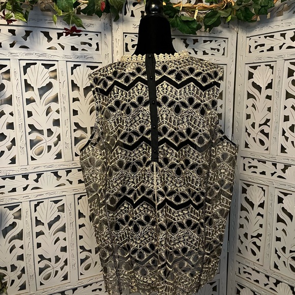 CATO GORGEOUS GOLD METALLIC EMBROIDERY WITH SHEER BLACK MESH SLEEVELESS PLUS TOP - Picture 4 of 13